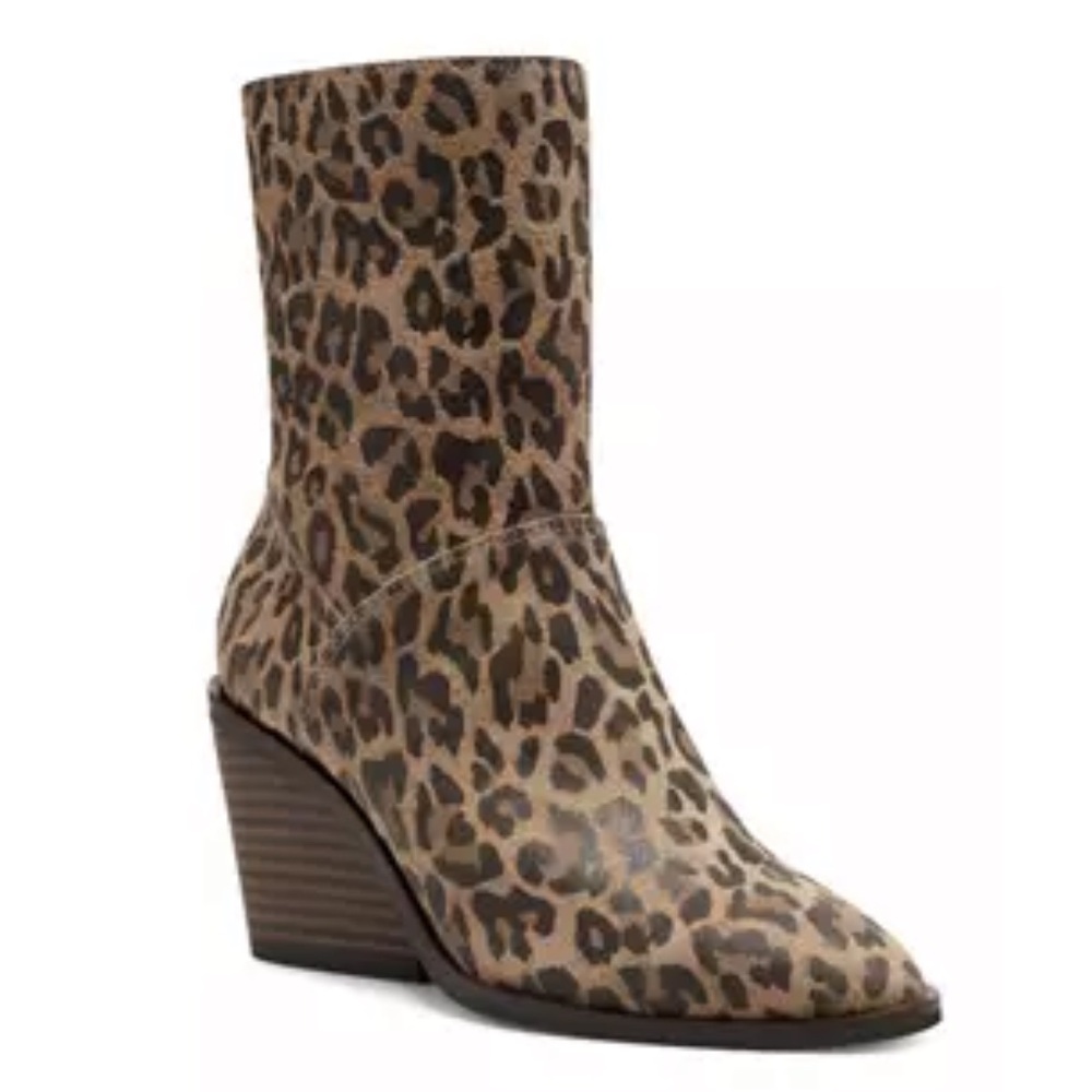 Lucky Brand Sarey Leather Leopard Print Side Zip Ankle Boots Size 6.5